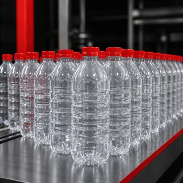 Botellas de plástico transparentes en una línea de producción
