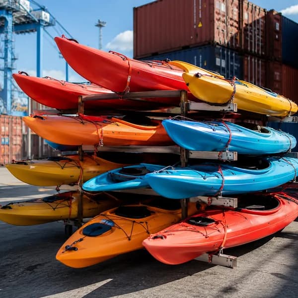 Kayaks de colores apilados en un rack, en un patio de contenedores