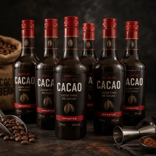 Botellas de licor de cacao junto a granos de cacao